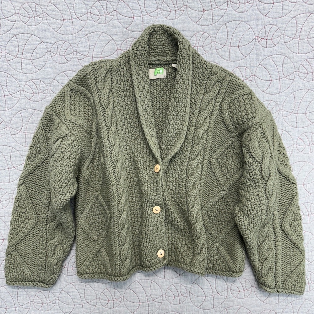 Esprit Cardigan Sweater Olive Green Wool Chunky Cable Knit / Womens Large